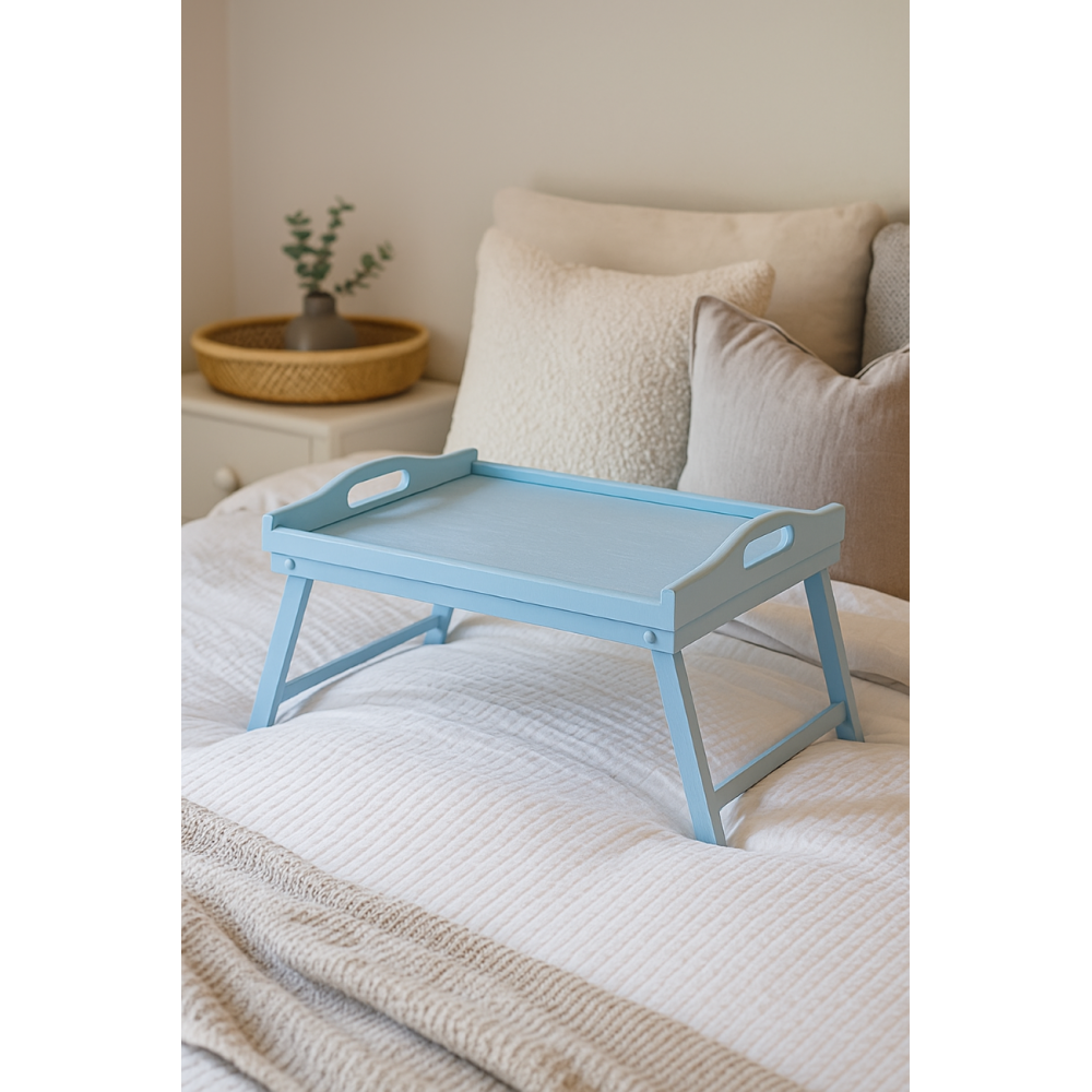 Taca z nogami drewniana 51x32x24 cm niebieska – stolik śniadaniowy
