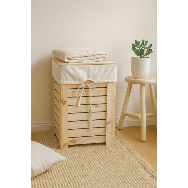 Kosz na pranie drewniany 67L z pokrywą – stylowy pojemnik na bieliznę naturalne drewno WOREK