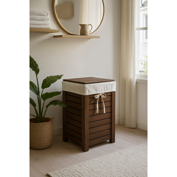 Kosz na pranie drewniany 67L z pokrywą – stylowy pojemnik na bieliznę 35x35x55 cm Brązowy WOREK