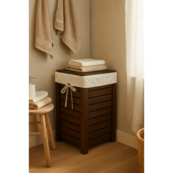 Kosz na pranie drewniany 67L z pokrywą – stylowy pojemnik na bieliznę 35x35x55 cm Brązowy WOREK
