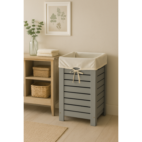 Kosz na pranie drewniany 67L z pokrywą – stylowy pojemnik na bieliznę 35x35x55 cm Szary WOREK