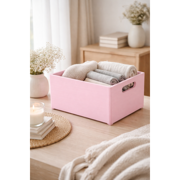 Skrzynka drewniana 30×20×13,5 cm z uchwytami - różowa