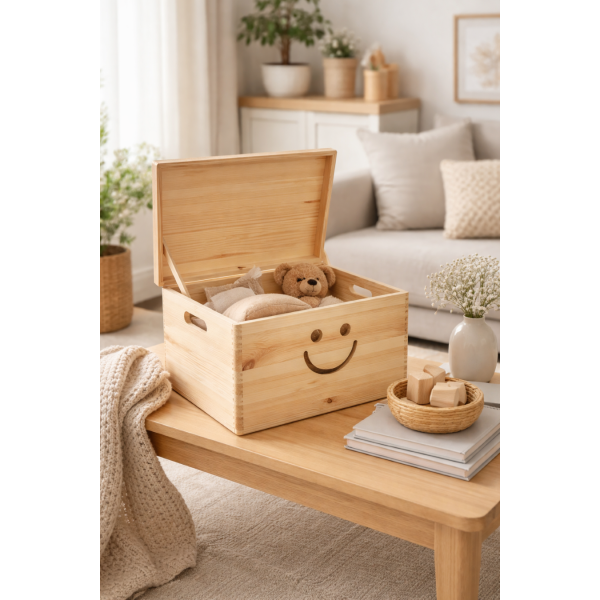 Drewniana skrzynka zamykana 40x30x23 cm z motywem uśmiech
