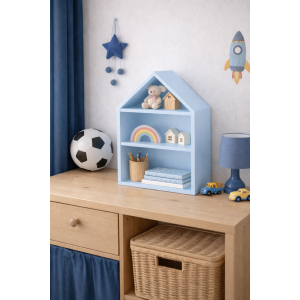 Drewniana półka w kształcie domku 32x12x44 cm niebieska – dekoracyjna półka ścienna