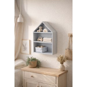 Drewniana półka w kształcie domku 32x12x44 cm szara– dekoracyjna półka ścienna