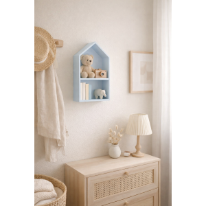 Drewniana półka w kształcie domku 22x12x41 cm niebieska – dekoracyjna półka ścienna