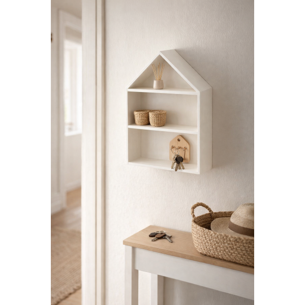 Drewniana półka w kształcie domku 32x12x44 cm biała – dekoracyjna półka ścienna