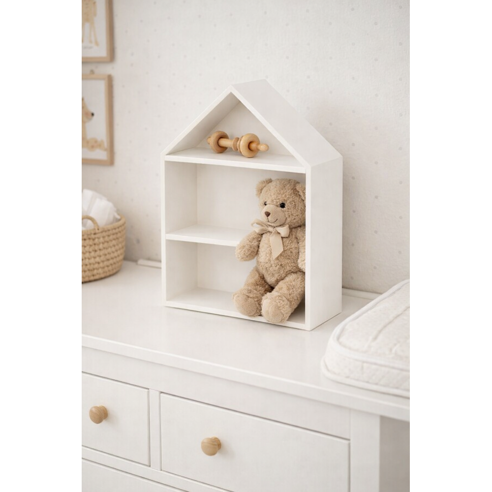 Drewniana półka w kształcie domku 32x12x44 cm biała – dekoracyjna półka ścienna