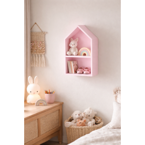 Drewniana półka w kształcie domku 22x12x41 cm różowa – dekoracyjna półka ścienna