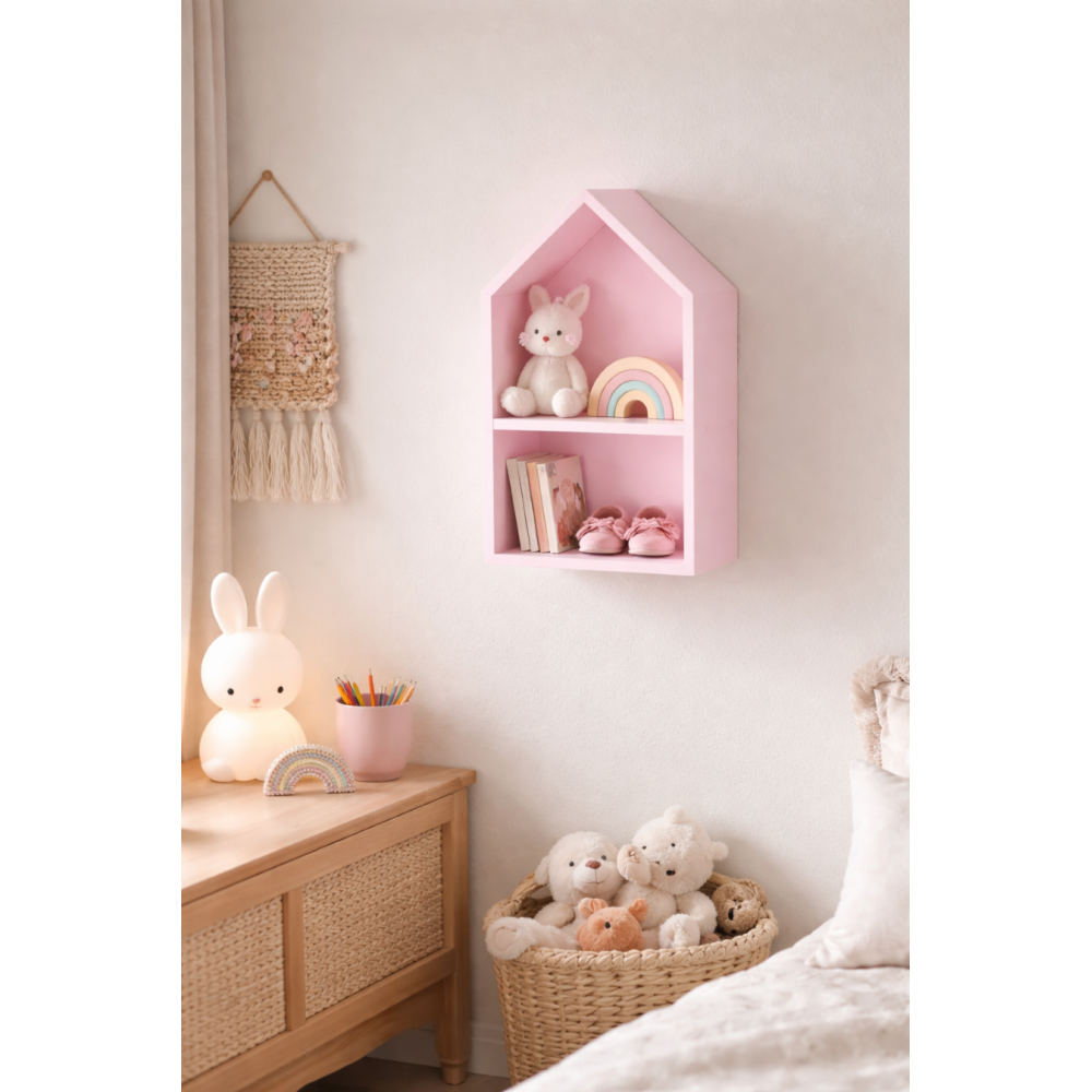 Drewniana półka w kształcie domku 22x12x41 cm różowa – dekoracyjna półka ścienna