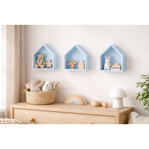 Drewniana półka w kształcie domku 27x12x33 cm niebieska – dekoracyjna półka ścienna