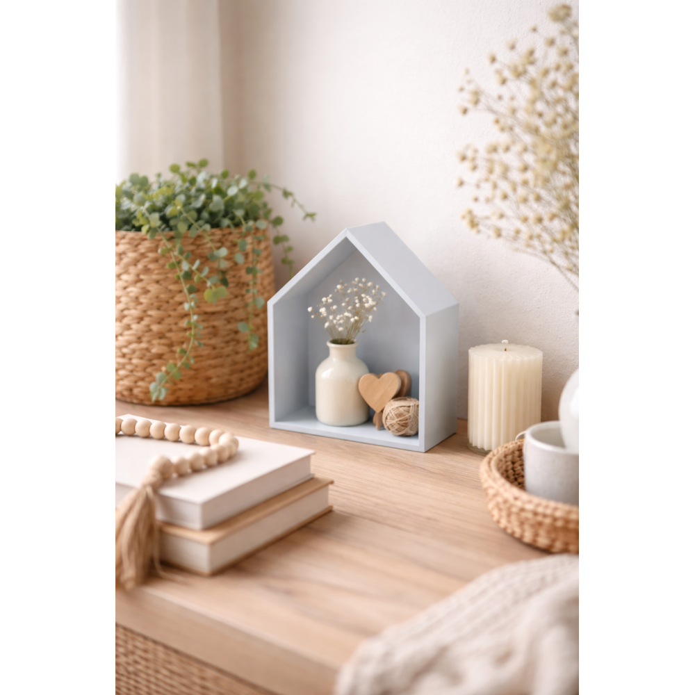 Drewniana półka w kształcie domku 27x12x33 cm szara – dekoracyjna półka ścienna