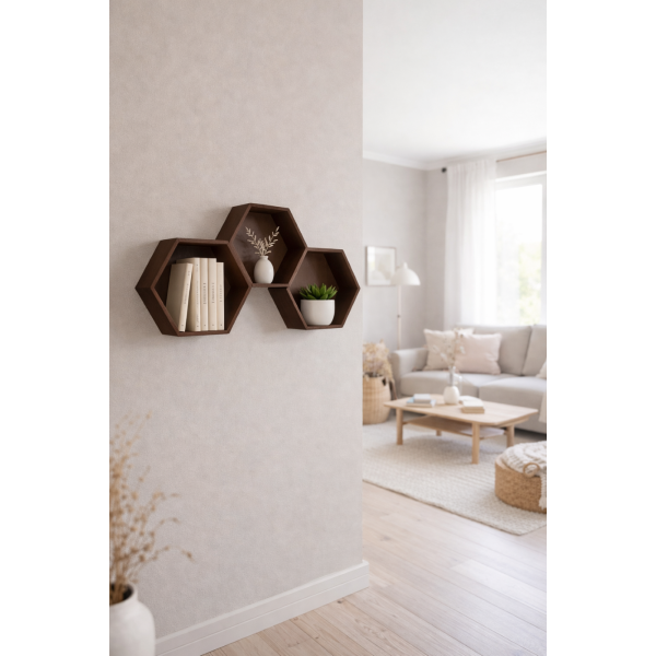 Zestaw półek ściennych drewnianych plaster miodu HEKSAGON - brązowy
