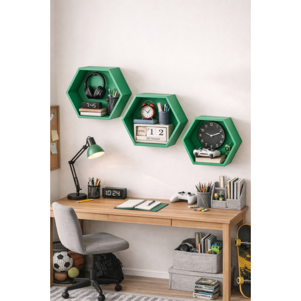 Zestaw półek ściennych drewnianych plaster miodu HEKSAGON - zielony