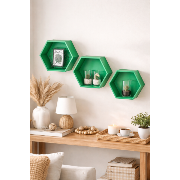Zestaw półek ściennych drewnianych plaster miodu HEKSAGON - zielony