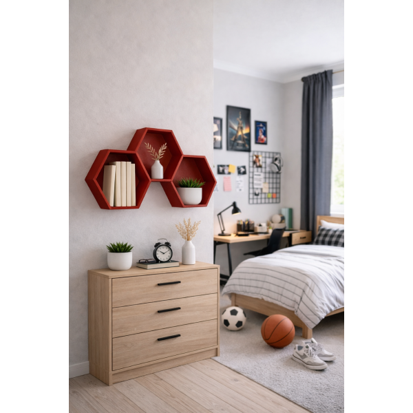 Zestaw półek ściennych drewnianych plaster miodu HEKSAGON - czerwony