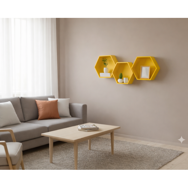 Zestaw półek ściennych drewnianych plaster miodu HEKSAGON - żółty