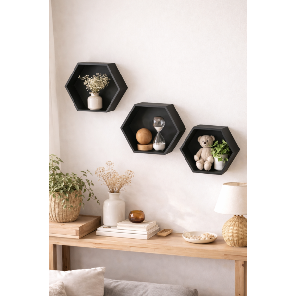 Zestaw półek ściennych drewnianych plaster miodu HEKSAGON - czarny