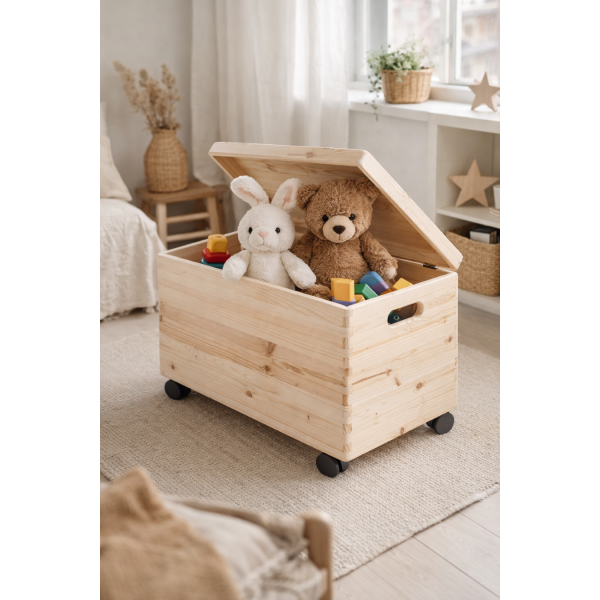Drewniana skrzynka dekoracyjna z deklem 40x30x23 cm na kółkach – do przechowywania