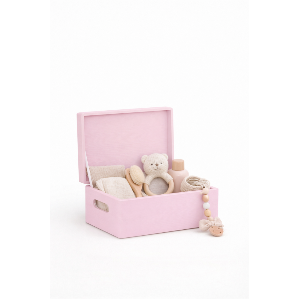 Różowa drewniana skrzynka dekoracyjna 30x20x13,5 cm z uchwytami – do przechowywania