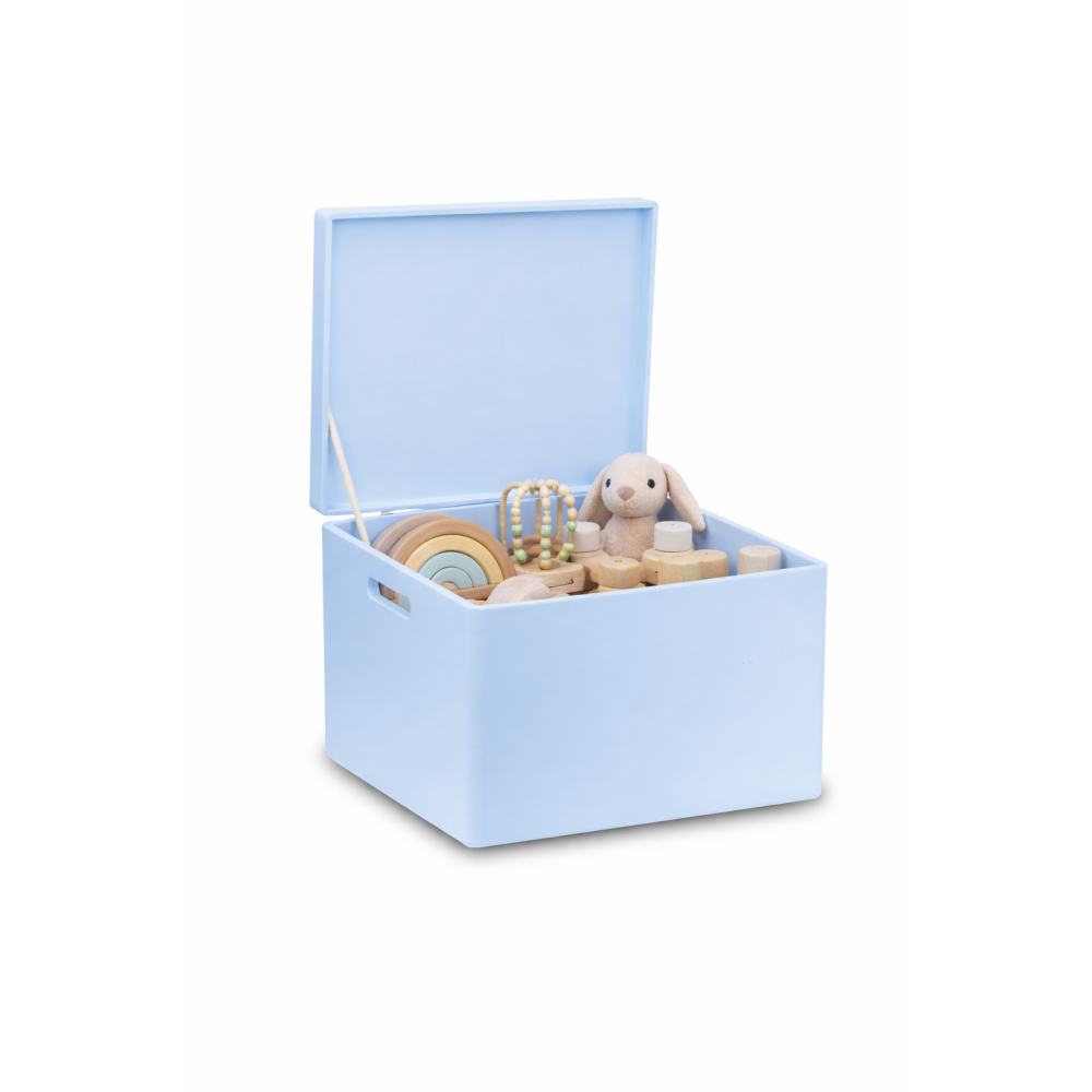 Niebieska skrzynka drewniana zamykana 40x30x23 cm z uchwytami – pudełko do przechowywania