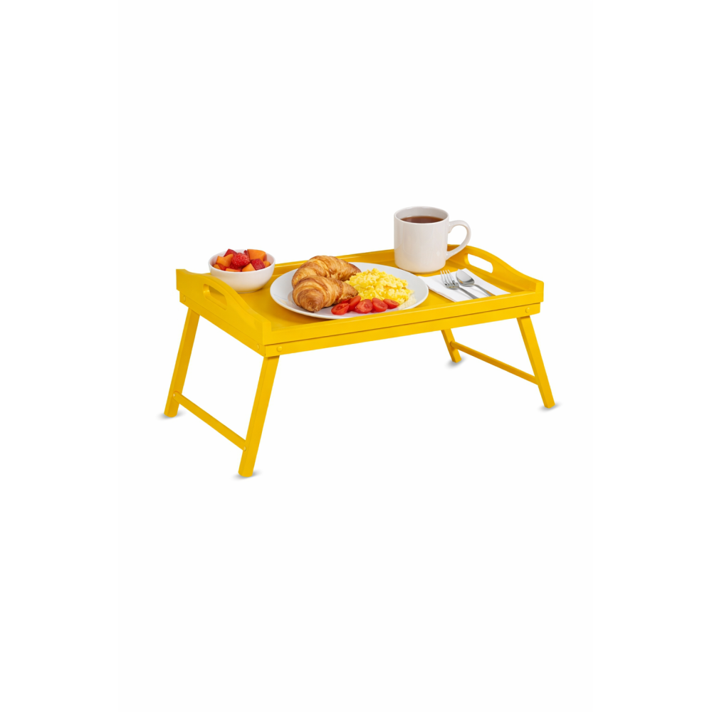 Taca z nogami drewniana 51x32x24 cm żółta – stolik śniadaniowy