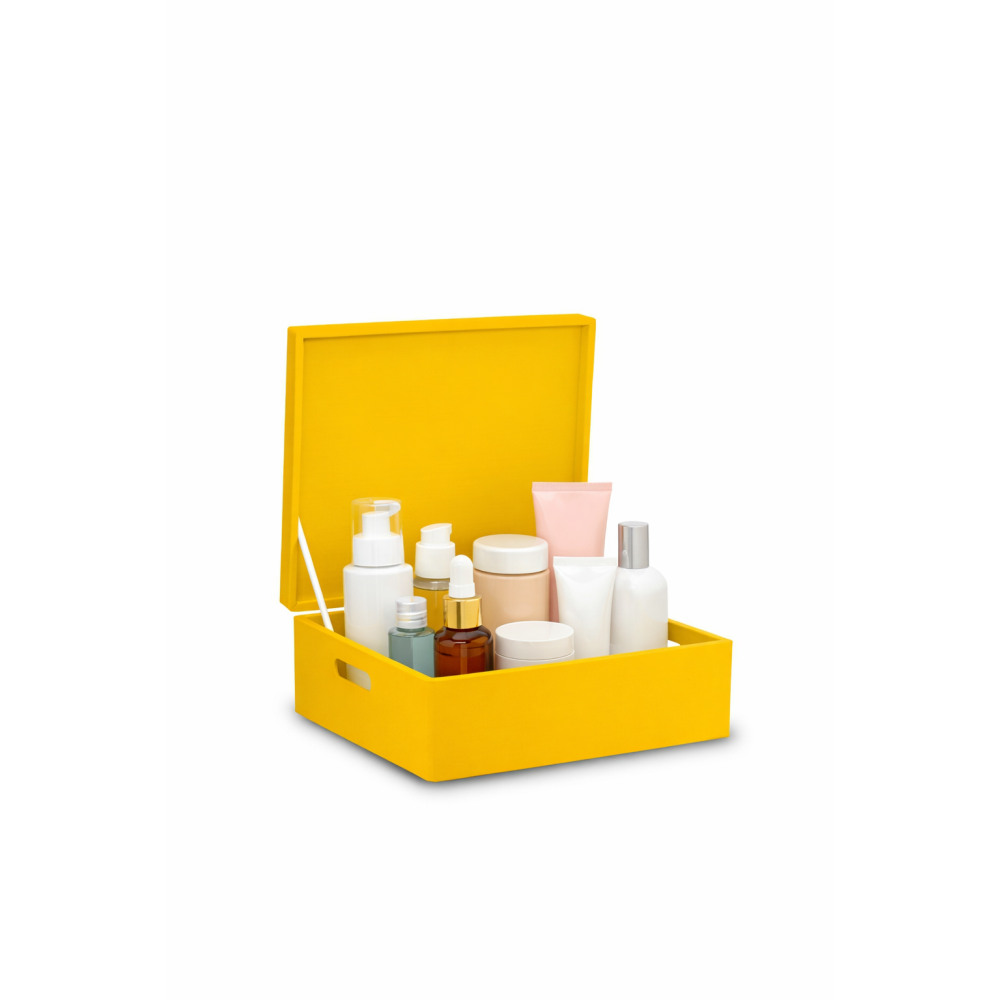 Żółta skrzynka drewniana z deklem 40x30x13,5 cm z uchwytami– pudełko do przechowywania