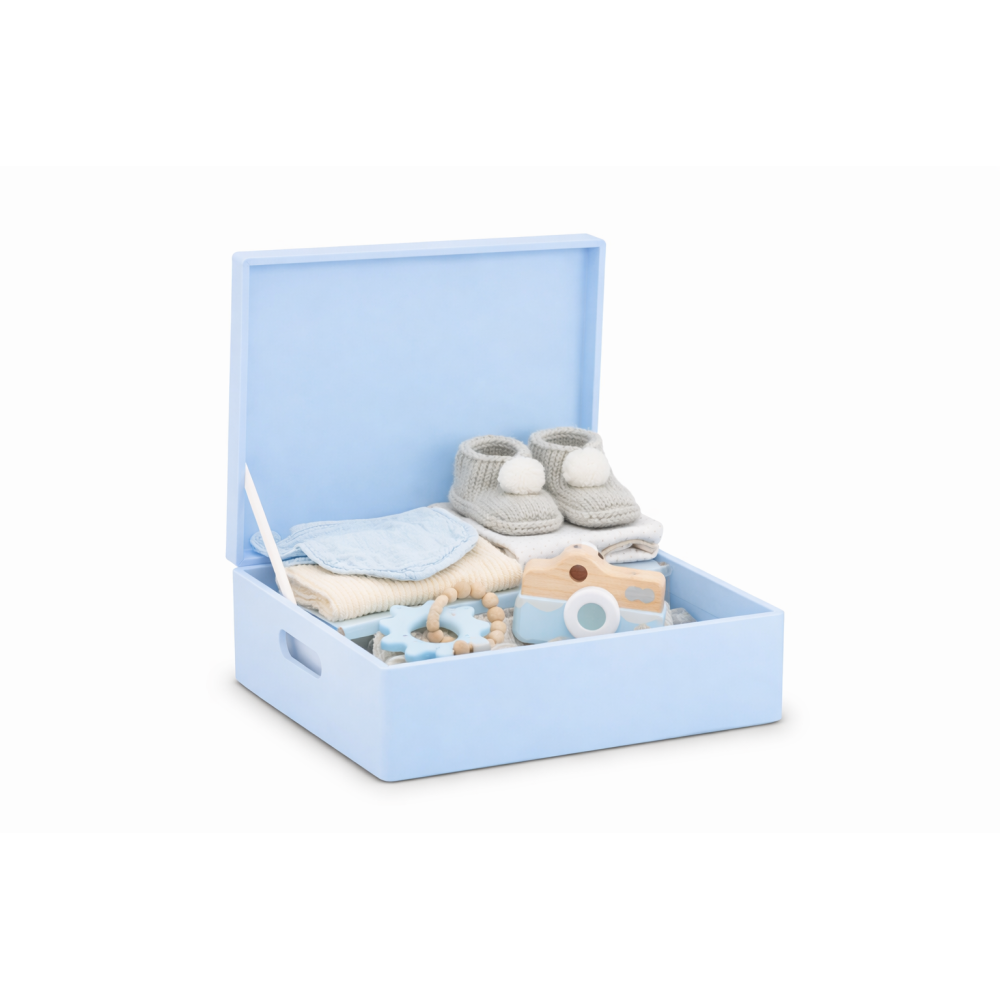 Niebieska skrzynka drewniana z deklem 40x30x13,5 cm z uchwytami– pudełko do przechowywania