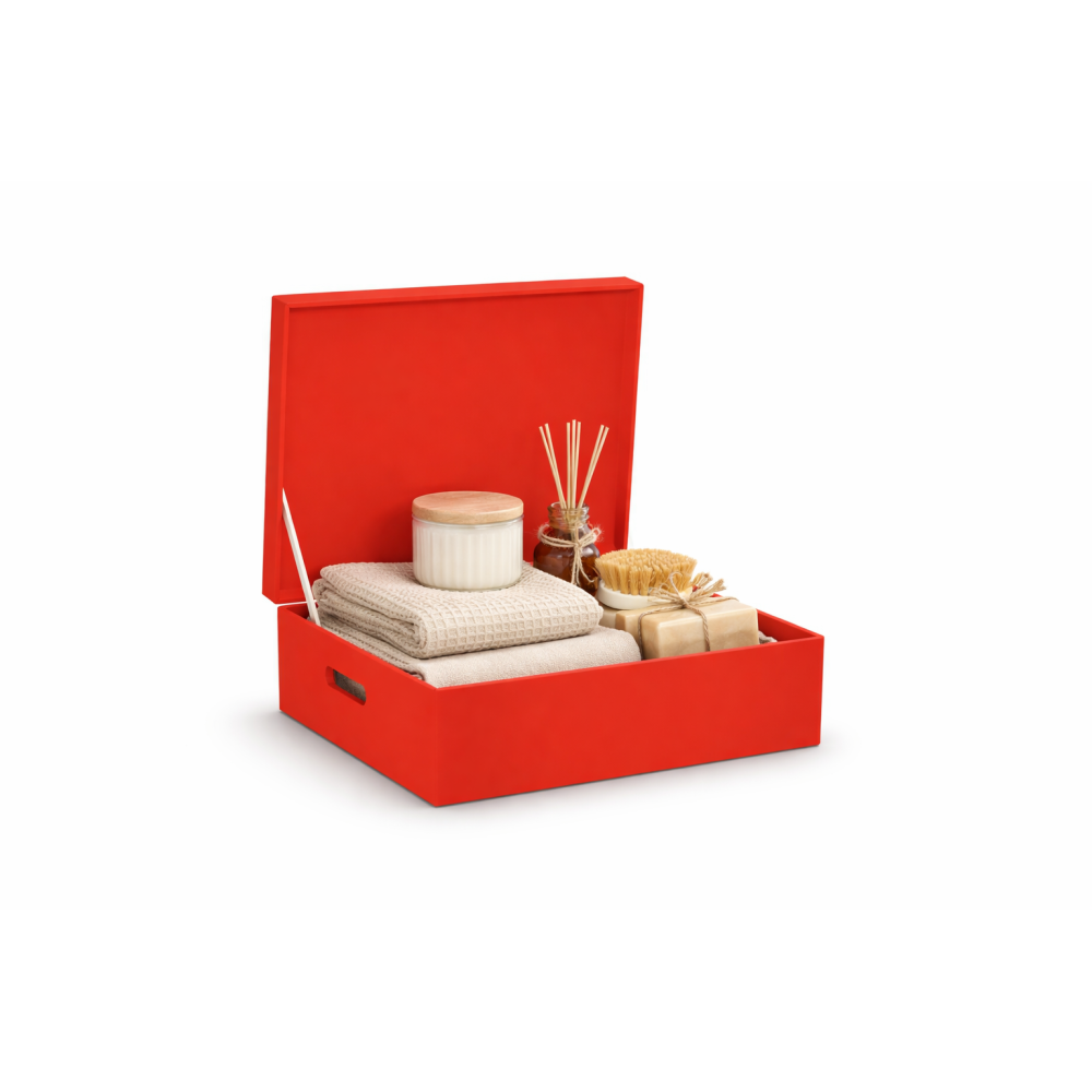 Czerwona skrzynka drewniana z deklem 40x30x13,5 cm z uchwytami– pudełko do przechowywania