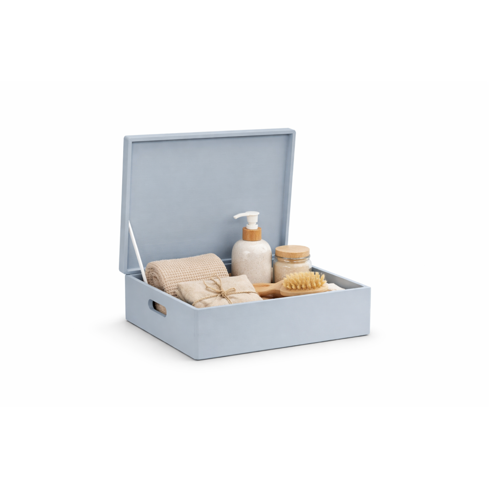 Szara skrzynka drewniana z deklem 40x30x13,5 cm z uchwytami – pudełko do przechowywania