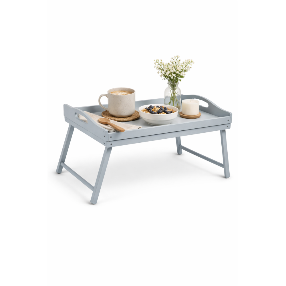 Taca z nogami drewniana 51x32x24 cm szara – stolik śniadaniowy