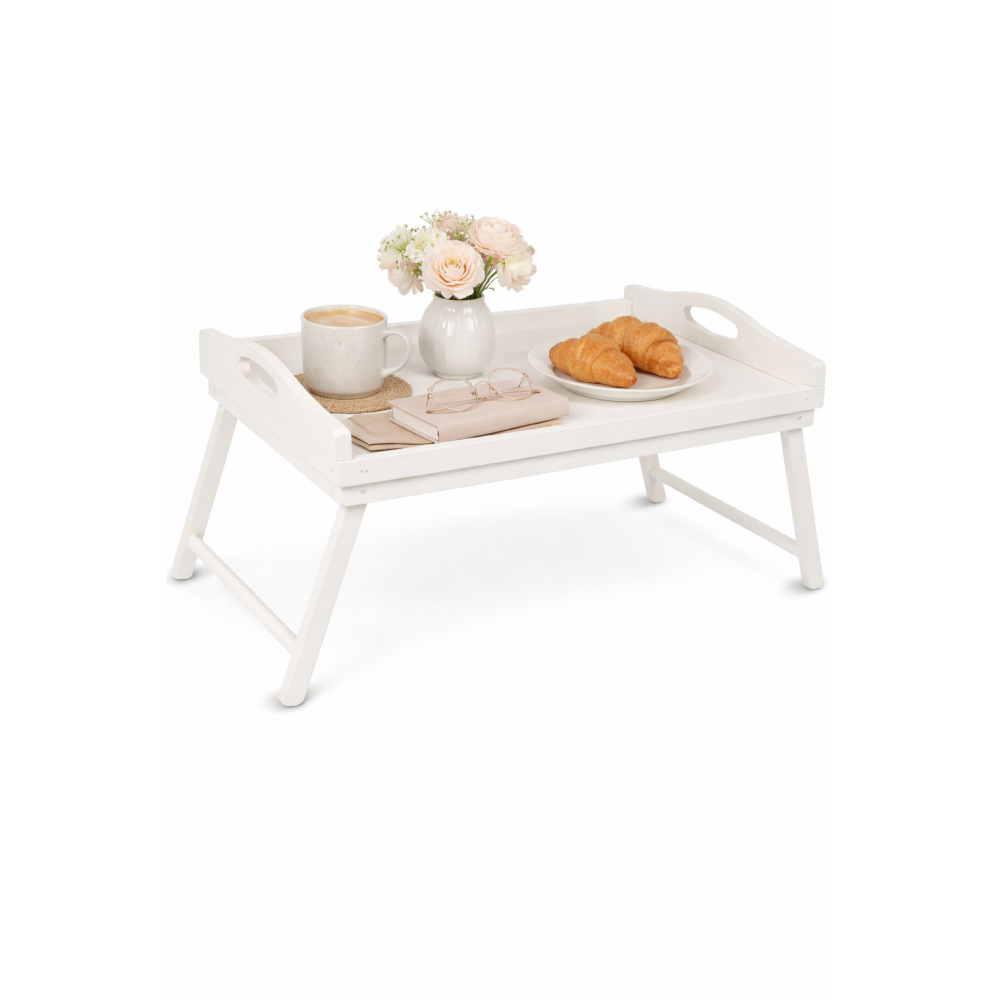 Taca z nogami drewniana 51x32x24 cm biała – stolik śniadaniowy
