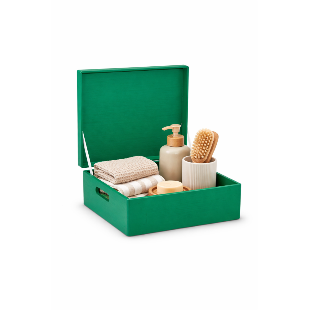 Zielona skrzynka drewniana z deklem 40x30x13,5 cm z uchwytami– pudełko do przechowywania