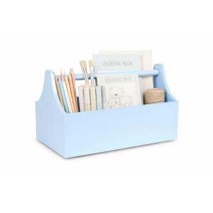 Niebieskie drewniane nosidło na zabawki 34x18x20,5 cm