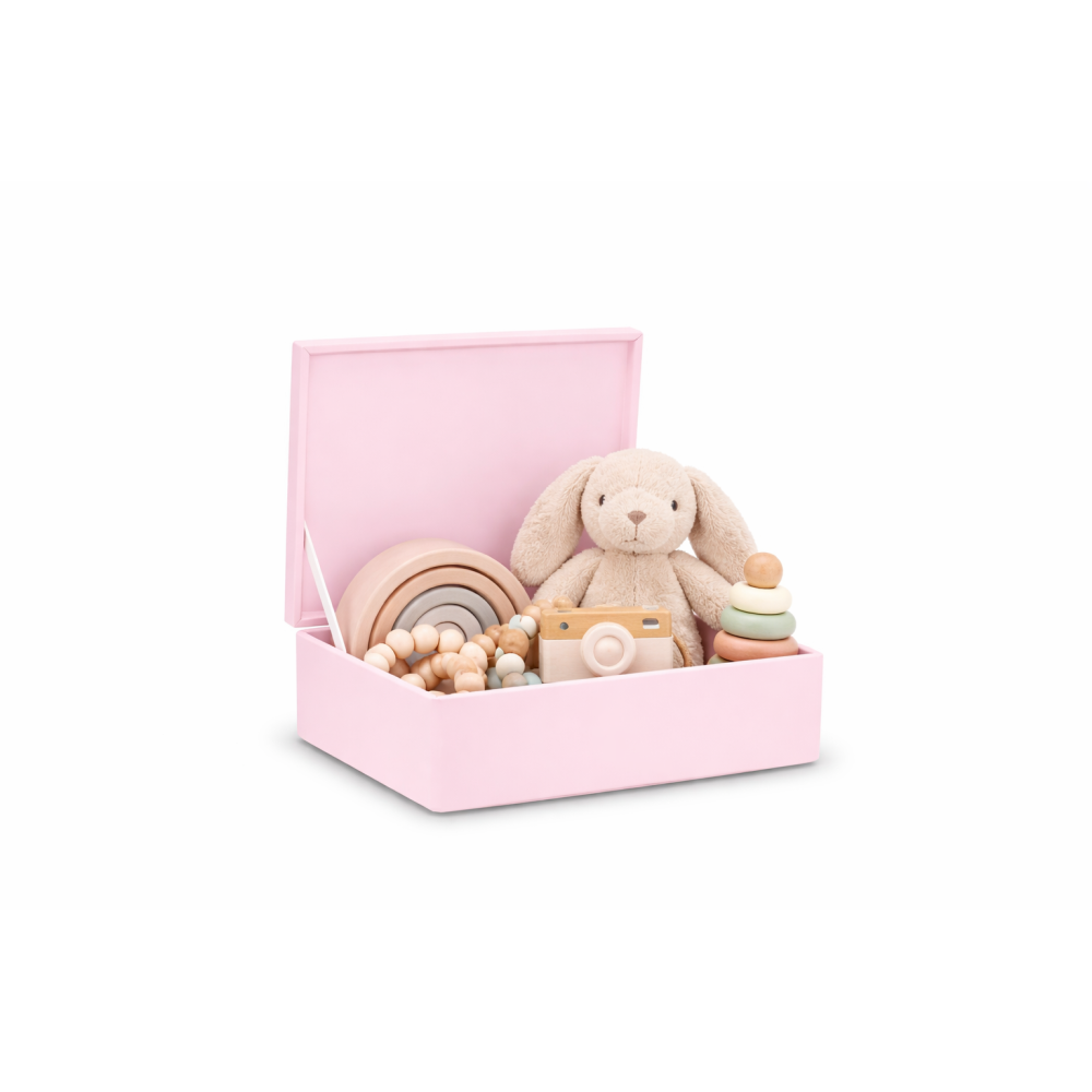 Różowa skrzynka drewniana z deklem 40x30x13,5 cm bez uchwytów – pudełko do przechowywania