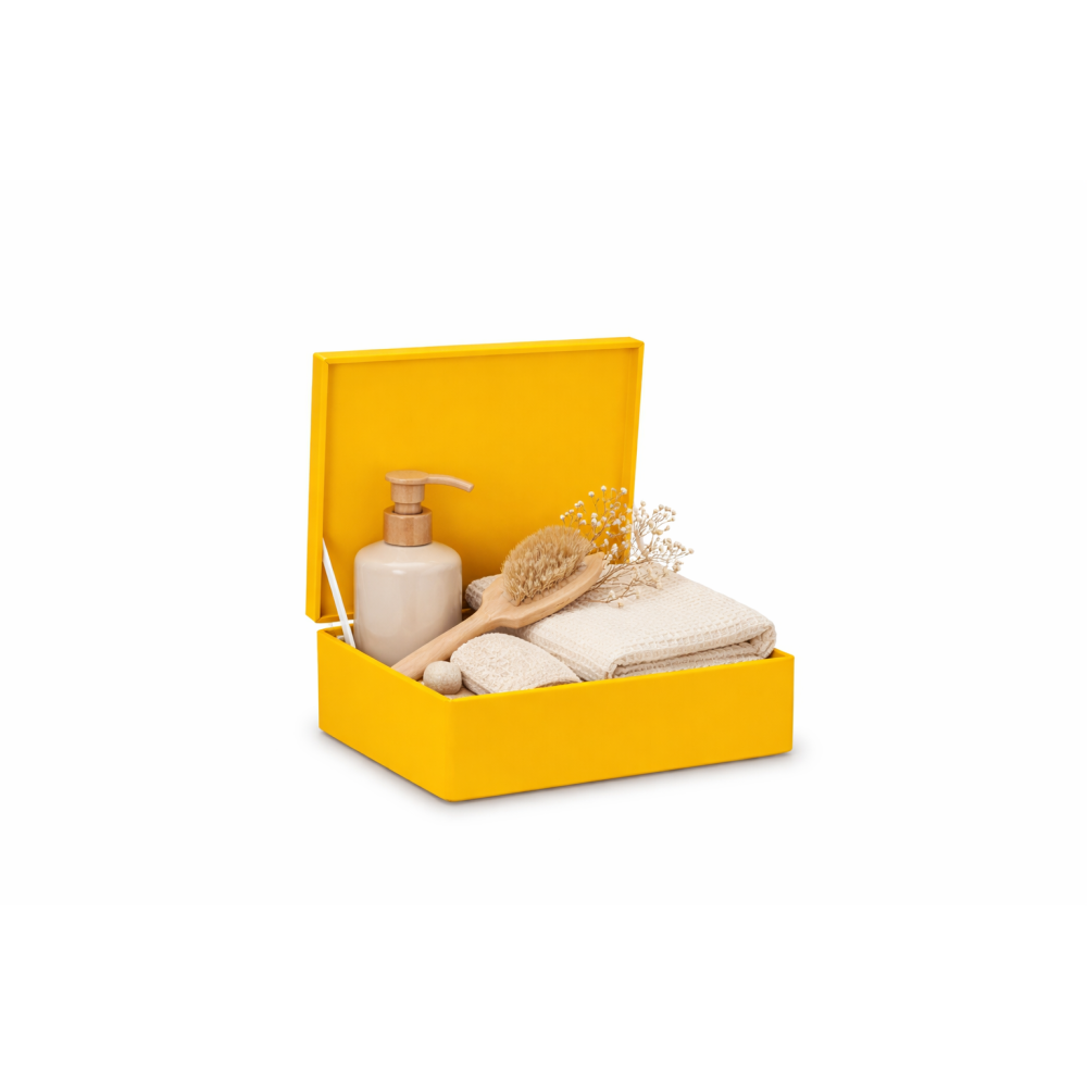 Żółta skrzynka drewniana z deklem 40x30x13,5 cm bez uchwytów– pudełko do przechowywania