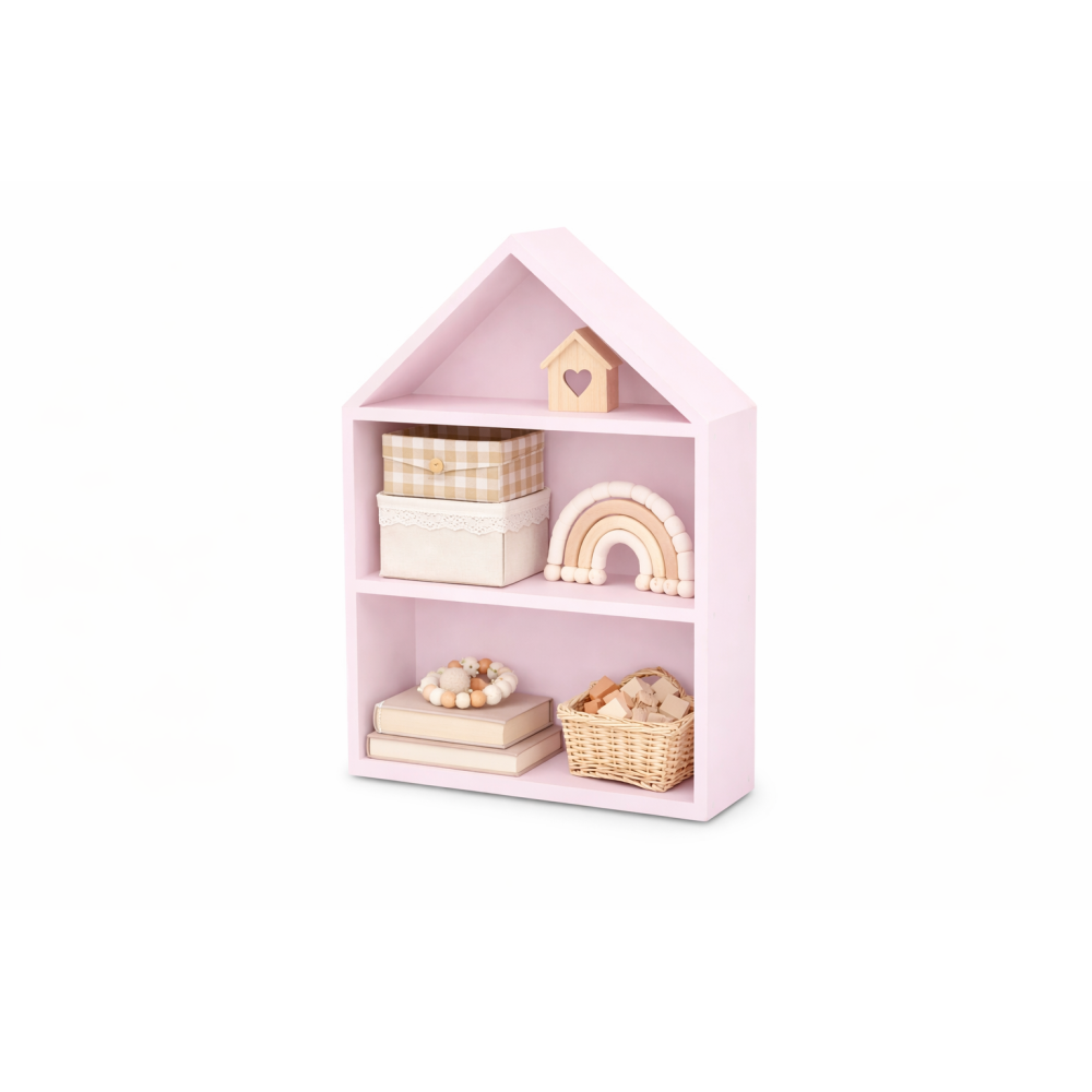 Drewniana półka w kształcie domku 32x12x44 cm różowa – dekoracyjna półka ścienna