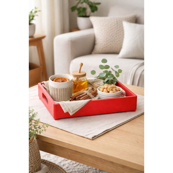 Drewniana taca dekoracyjna 30x20x7 cm czerwona – elegancka taca do dekoracji i serwowania