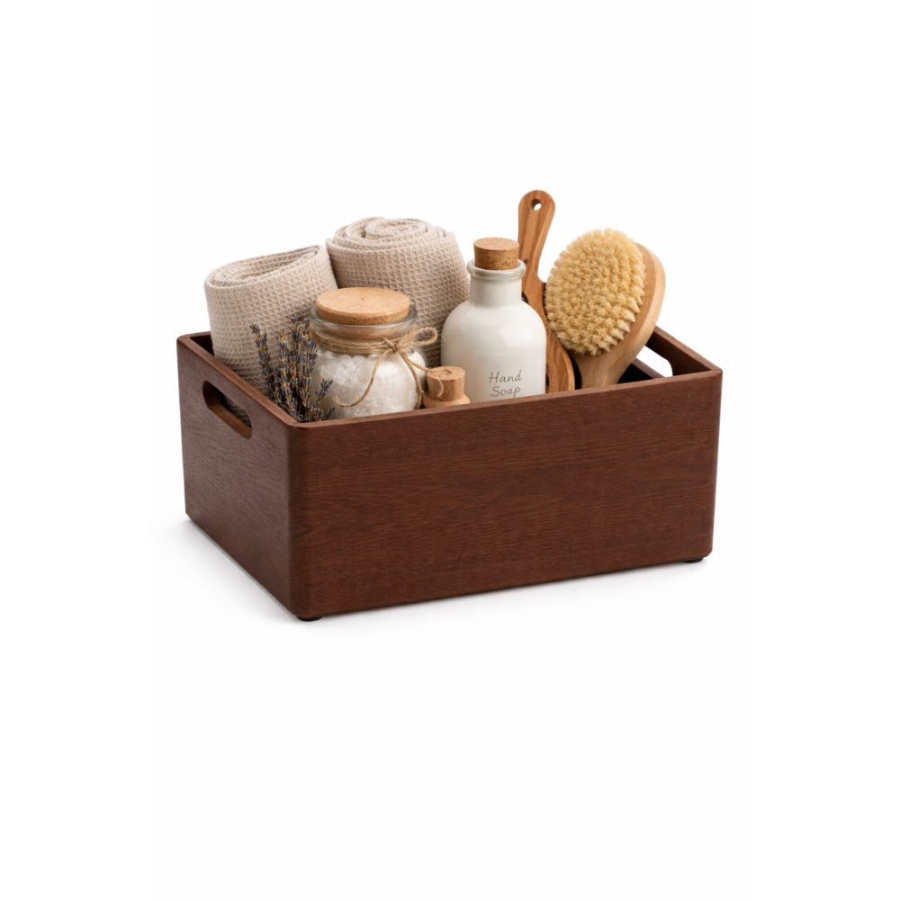 Brązowa skrzynka drewniana 30x20x13,5 cm z uchwytami – dekoracyjna skrzynka do przechowywania