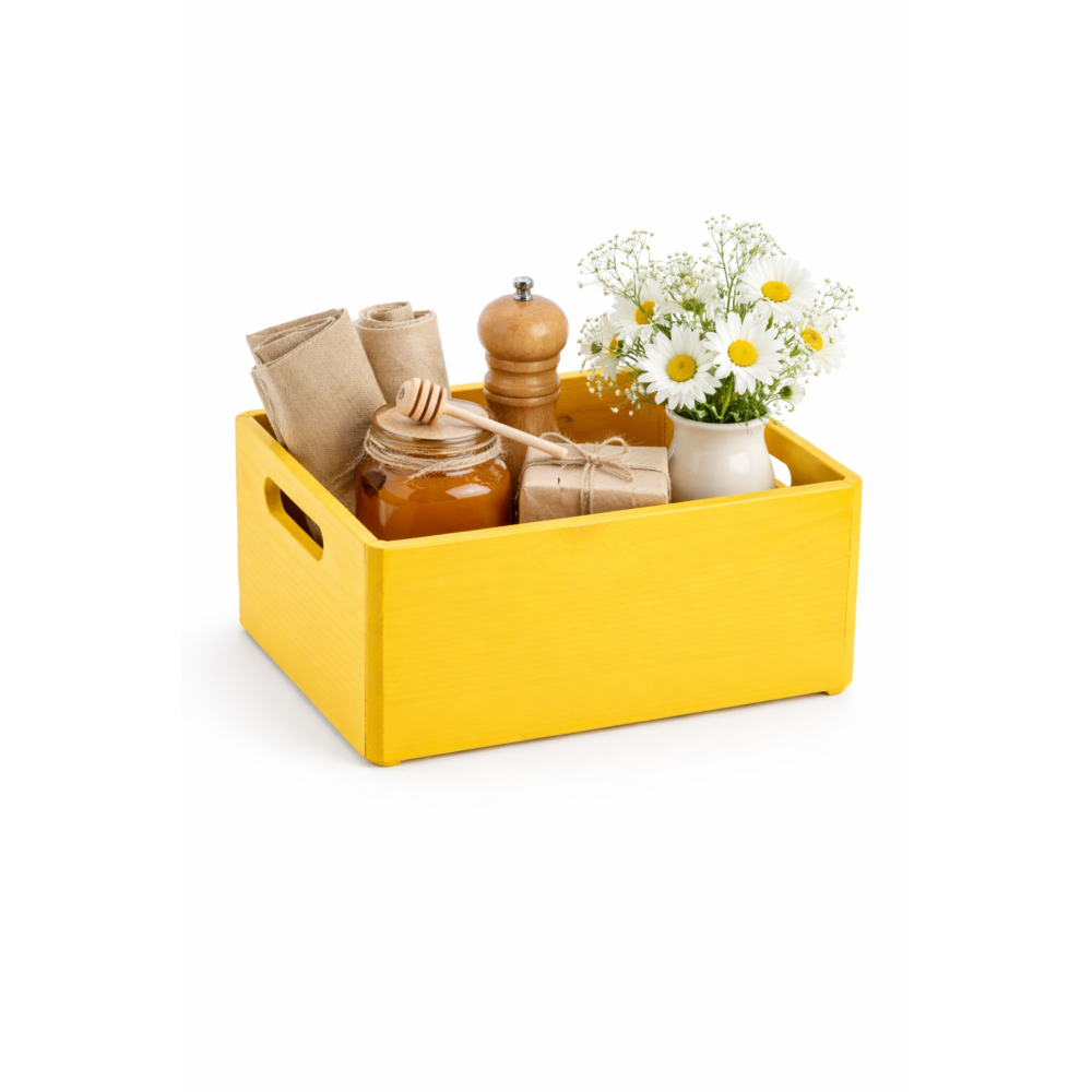 Żółta skrzynka drewniana 30x20x13,5 cm z uchwytami – dekoracyjna skrzynka do przechowywania