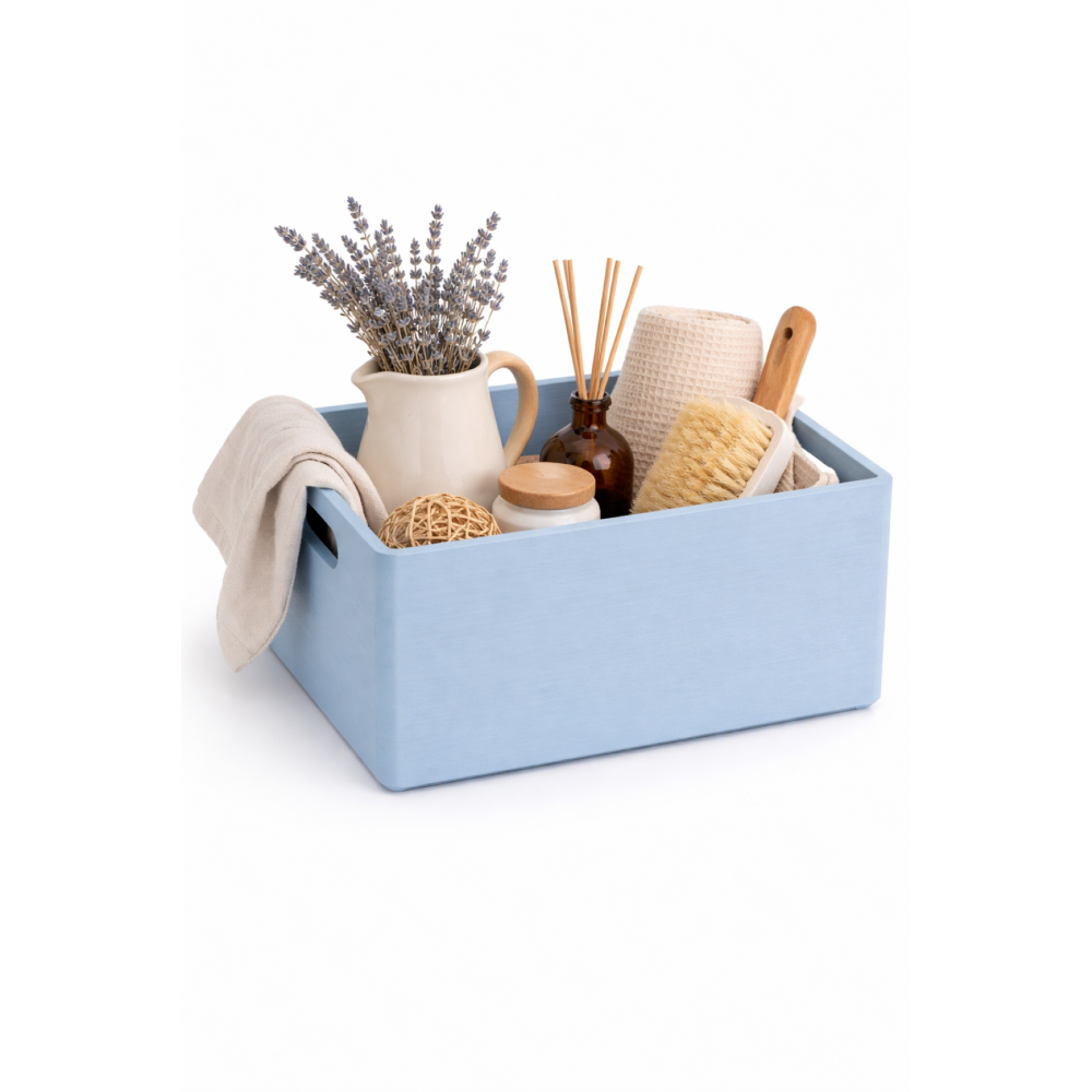 Skrzynka drewniana 30×20×13,5 cm z uchwytami - niebieska