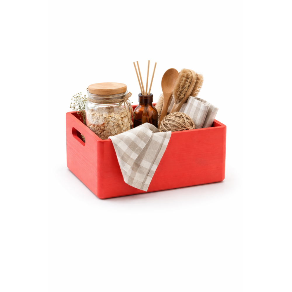 Skrzynka drewniana 30×20×13,5 cm z uchwytami - czerwona