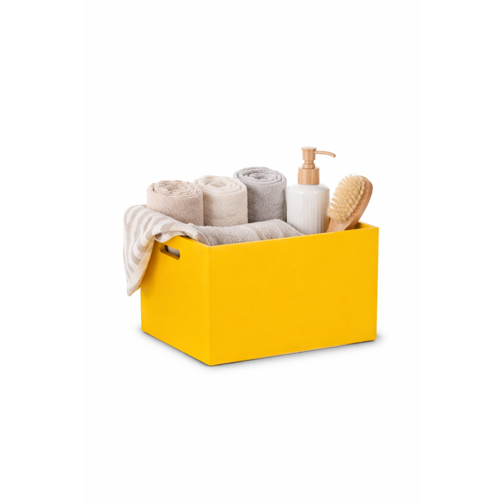 Żółta skrzynka drewniana otwarta 40x30x23 cm z uchwytami – dekoracyjna skrzynka do przechowywania