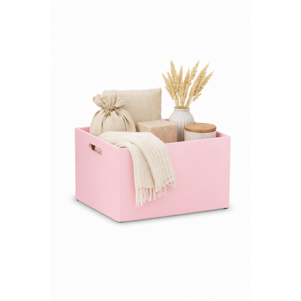 Różowa skrzynka drewniana 40x30x23 cm z uchwytami– dekoracyjna skrzynka do przechowywania