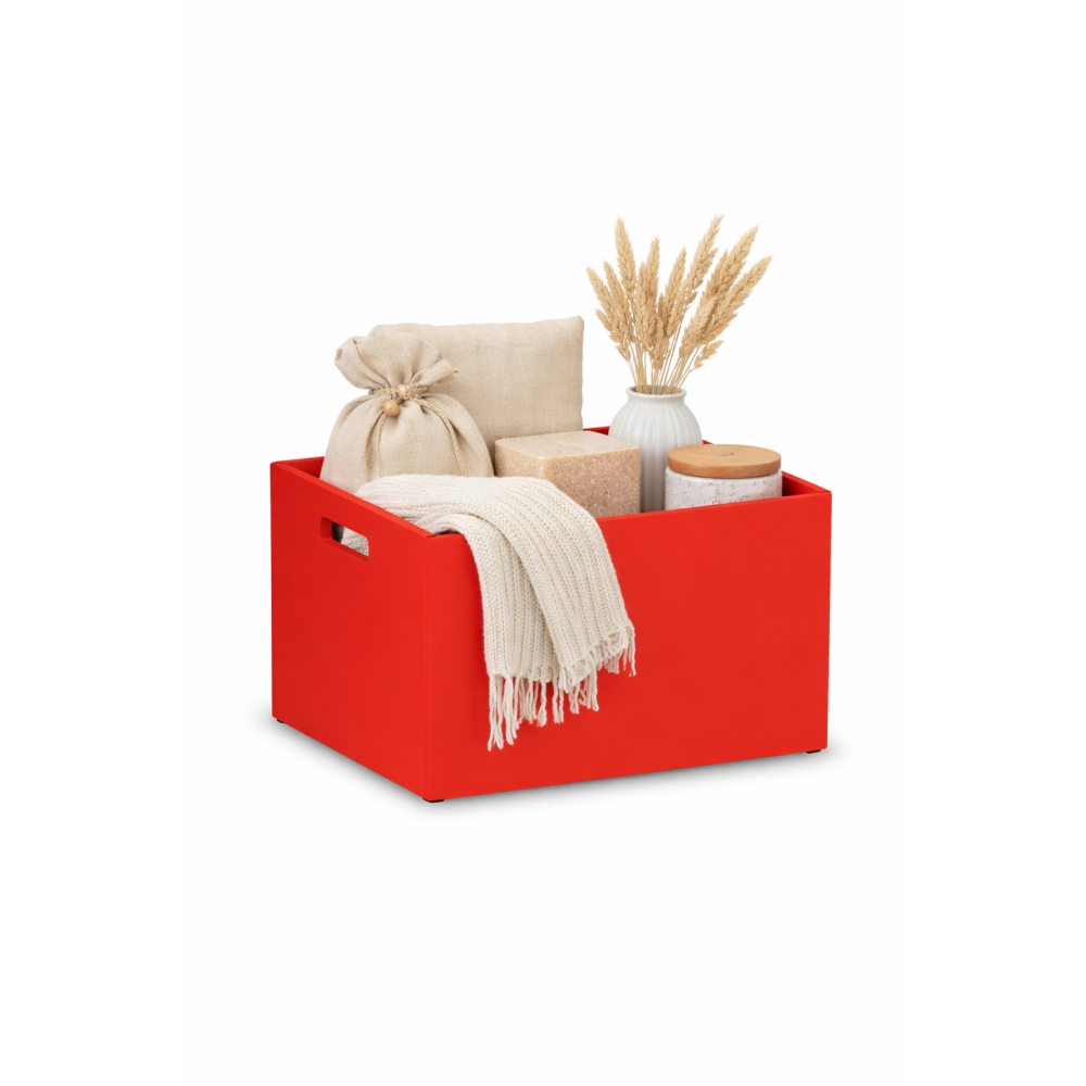 Czerwona skrzynka drewniana 40x30x23 cm z uchwytami- dekoracyjna skrzynka do przechowywania