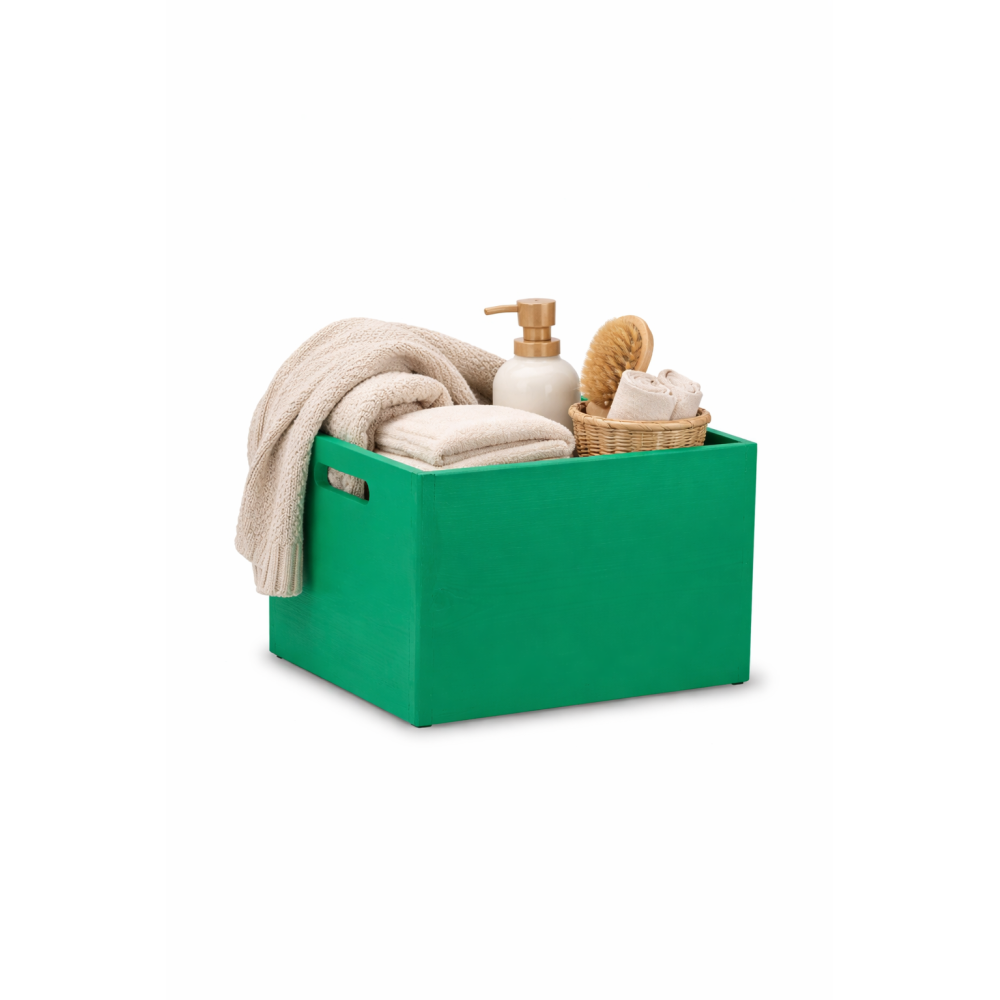 Zielona skrzynka drewniana otwarta 40x30x23 cm z uchwytami – dekoracyjna skrzynka do przechowywania