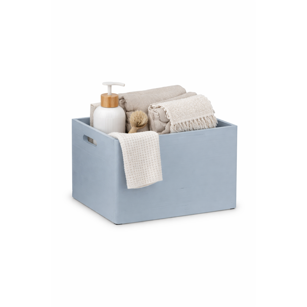 Szara skrzynka drewniana otwarta 40x30x23 cm z uchwytami – dekoracyjna skrzynka do przechowywania