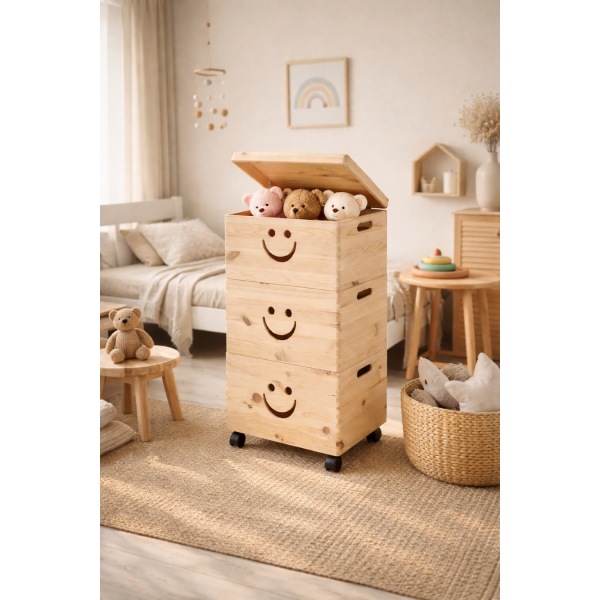 Trio Standard drewniane 39x30x74 cm na kółkach z motywem uśmiech – stojak z trzema skrzynkami
