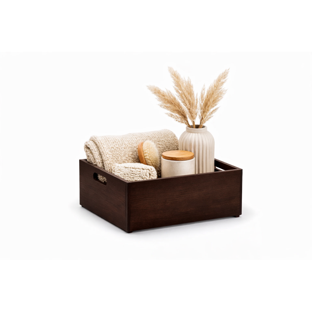 Brązowa skrzynka drewniana 40x30x13,5 cm z uchwytami– dekoracyjna skrzynka do przechowywania