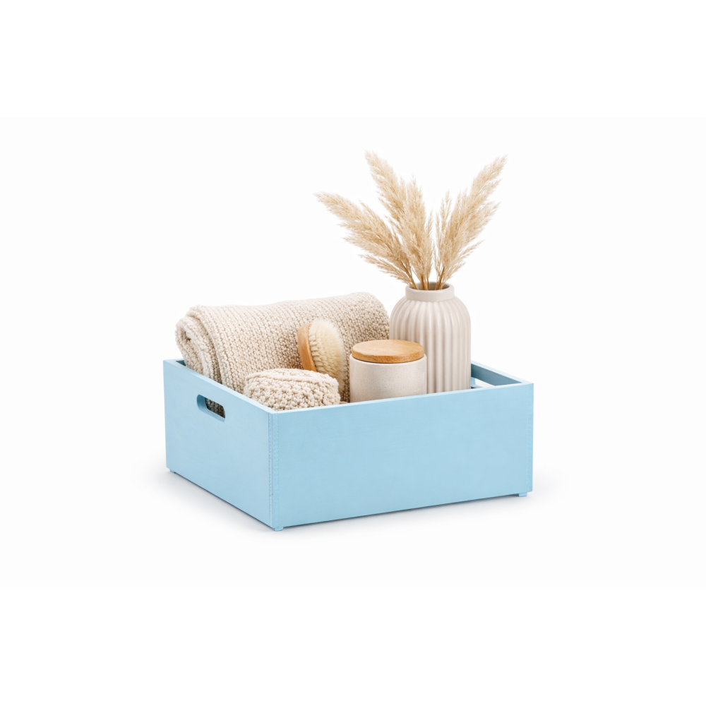 Niebieska skrzynka drewniana 40x30x13,5 cm z uchwytami– dekoracyjna skrzynka do przechowywania